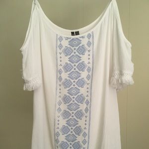 HeartSoul Off The Shoulder Blue-Trim White Top